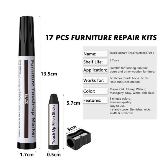 Holzkitt Möbel Reparatur-Set - 17-teiliges Kratz- und Schrammenreparatur-Kit mit Markern Wachsstäbchen und Spitzer für die Möbelrestaurierung