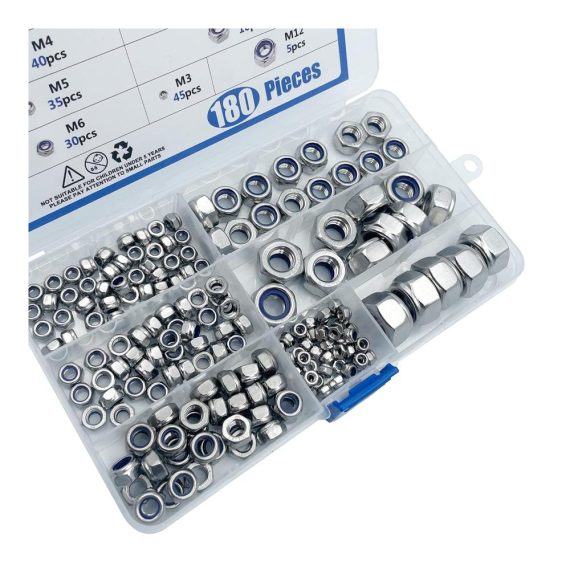 Selbstsichernde Edelstahl-Gegenmuttern Set 180 Stück 7 Größen (M3 M4 M5 M6 M8 M10 M12) – Hochwertiges Nylon-Stopmuttern Sortiment Kit für zuverlässige Sicherung und Kontermuttern Anwendungen