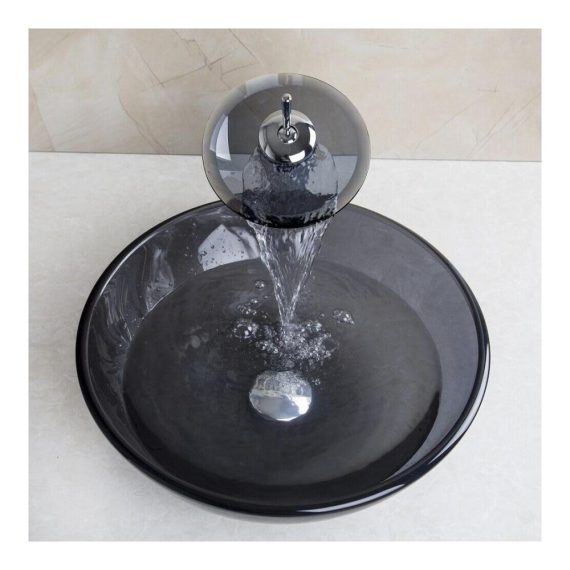 Design-Waschtisch-Set Rundes 415 cm Glasbecken in Grau mit Siphon Abflussrohren und Wasserhahn – Hochwertiger Ausgussbecken-Brand für stilvolle Badezimmer