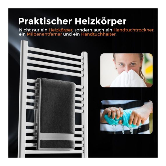 Elektrischer Badheizkörper 1200x500mm - Thermostat Timer LCD-Display 500W Seitenanschluss Weiß