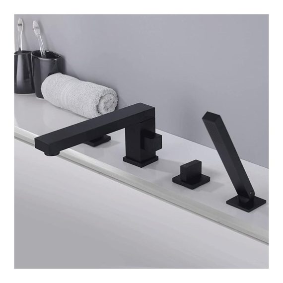 4-Loch Badewannenarmatur-Set in elegantem Schwarz mit Wannenrandarmatur Handbrause und Doppelgriff - Moderne Armaturen für stilvolles Badezimmer