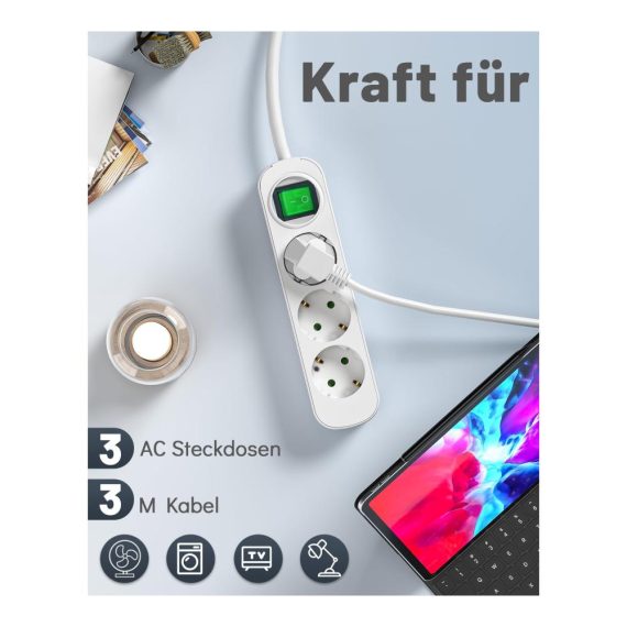 3-fach Steckdosenleiste mit Schalter und 3M Verlängerungskabel - Wandmontage Hitzebeständig Kindersicherung Kurzschlussschutz (weiß