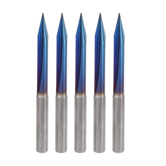 CNC-Fräser-Bit-Set 5-teiliges V-förmiges Gravur-Bit mit Nano-Blau-Beschichtung 2-schneidiges Wolframstahl-Schriftzug-Schnitzwerkzeug 4 mm Schaft – Ideale Präzision für gerade Einsätze und 30° Gravuren