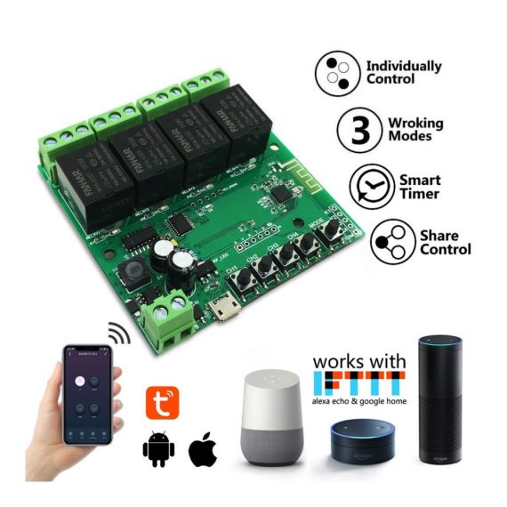 4-Kanal WLAN Smart Switch Fernsteuerbares Relaismodul TUYA/Smart Life APP Alexa/Google Assistant kompatibel