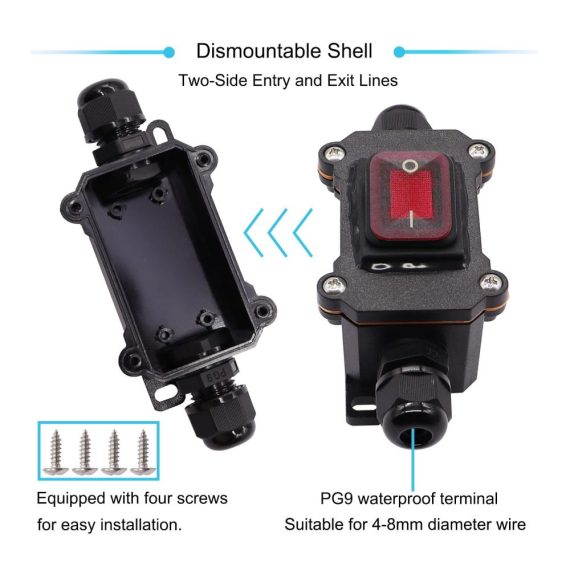 IP67 Wasserdichter Druckschalter - 16A/250V 20A/125V AC DPST 4-poliger Kabelschalter mit LED-Rotlicht für Außeneinsatz