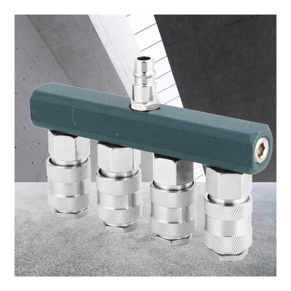 Druckluftverteiler 1/4 Zoll 4fach mit Wandanschluss und Schnellkupplungen - Hochwertiges Messing Anschluss- & Verbindungsstücke Set für effiziente Druckluftverteilung