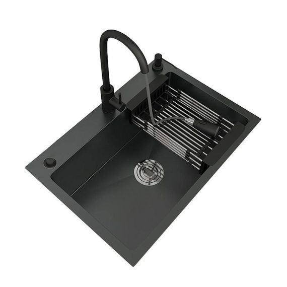 Becken Yofsza Schwarzes Spülbecken mit Armatur - Einzelbecken-Küchenspüle für Küche und Außenbereich (50x40cm