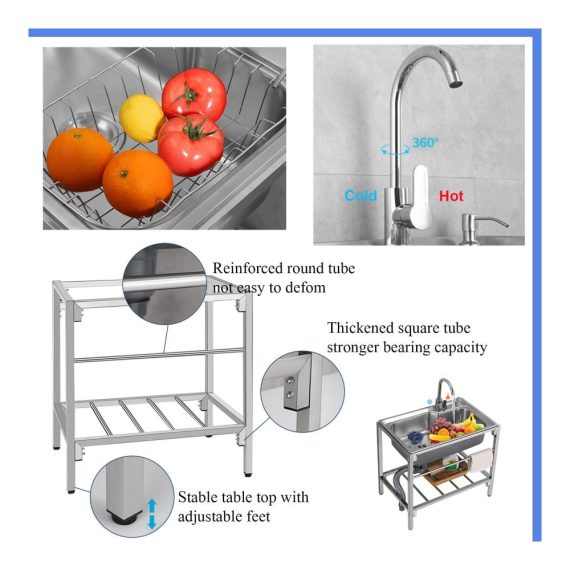 Edelstahl Ausgussbecken für Küche und Werkstatt - Freistehender Spültisch mit Wasserhahn und Schläuchen - Ideal für Gewerbe Bauernhäuser und Verpflegung