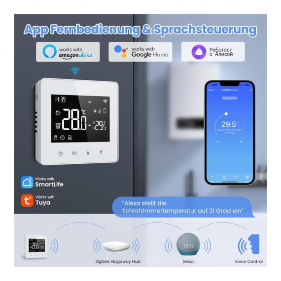 Programmierbares Zigbee Smart Thermostat für Gas-Boiler Steuerung – Kompatibel mit Alexa Google Home und Smart Life App – Fernbedienung über 2.4GH-WLAN – Energiesparendes Raumthermostat 3A