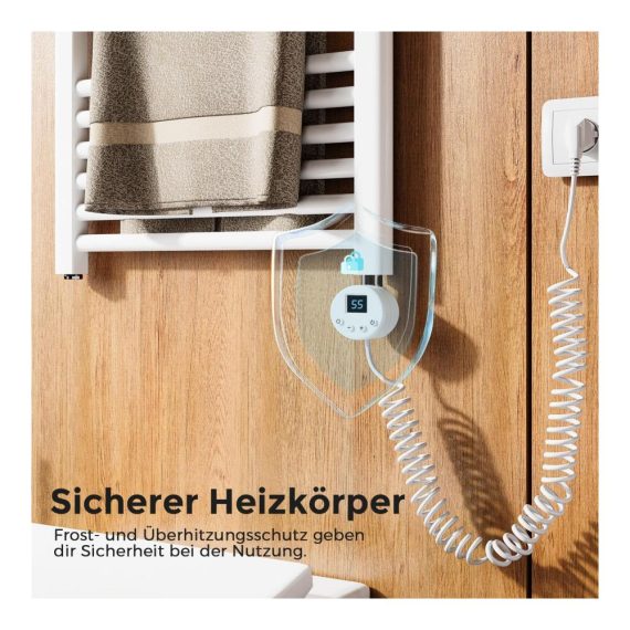 Elektrischer Badheizkörper 1200x500mm - Thermostat Timer LCD-Display 500W Seitenanschluss Weiß