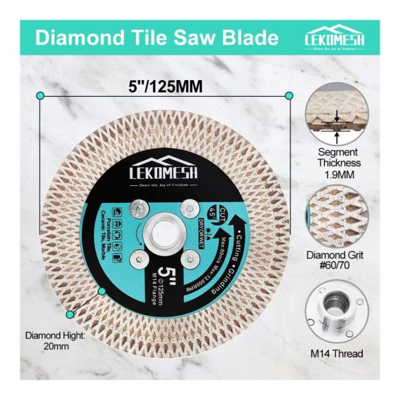 Diamant Trennscheibe 125mm für Präzisionsschnitte - Hochleistungs Doppelseitige Schleifscheibe für Porzellan Keramik Marmor Granit Kunststein - M14 Gewinde X-Masche inklusive