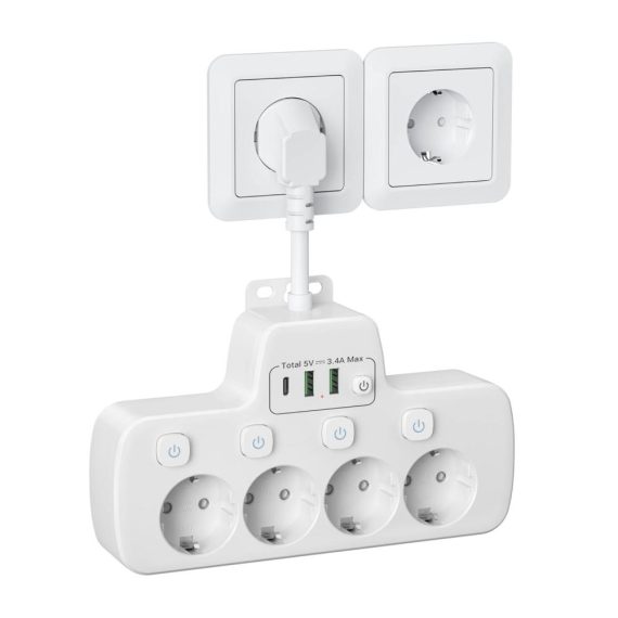 4-fach Steckdosenleiste mit USB C einzeln schaltbar wandmontiert - Weiß