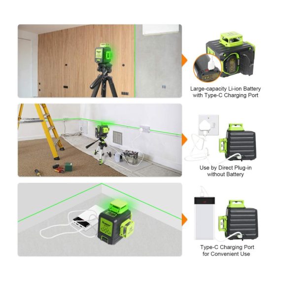 Grüner 360° Kreuzlinienlaser B03CG Pro mit Lithium-Ionen Akku Selbstnivellierung Typ C Ladeanschluss und Hartschalenkoffer – Lasermessgerät & Zubehör