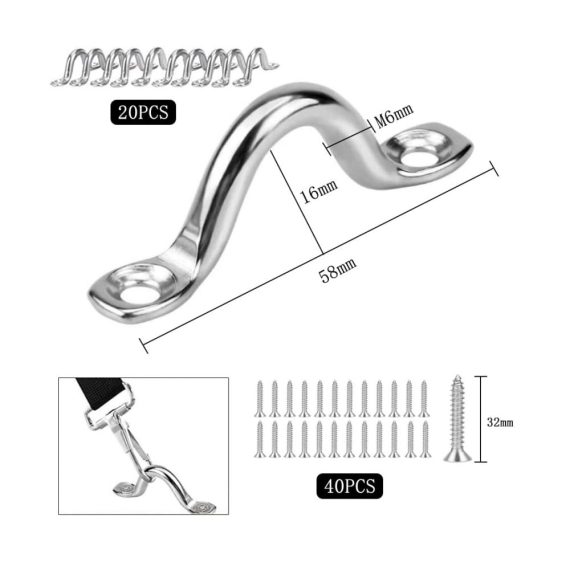Schraubhaken Set M6 aus Edelstahl (20 Stück) - Fenderöse Pad Eye Decksplatte Ösen Halterung - Inklusive 40 Schrauben für vielseitige Anwendungen an Kajak Hängen und Befestigen