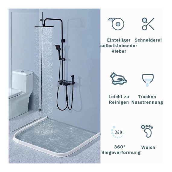 200cm Selbstklebende Silikon-Duschschwelle für Duschkabinen - Wassersperre für Nass- und Trockentrennung in Küche und Badezimmer
