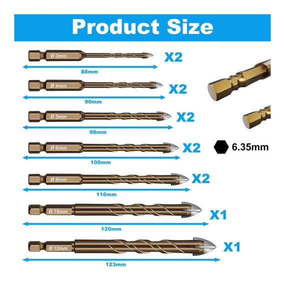 Professionelles 12-teiliges Fliesen- & Glasbohrer Set Ø 3-12 mm mit Sechskantschaft - Universalbohrer für Metall Ziegel Glas Kunststoff und Holz