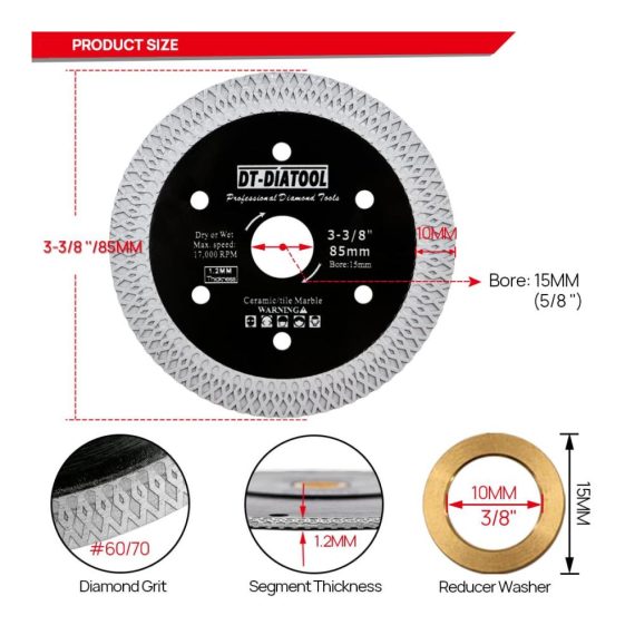 Diamant Kreissägeblätter 85mm 2-Pack – Präzises Schneiden von Porzellan Keramik Marmor Granit – X Mesh Segment – Arbor 10mm-15mm