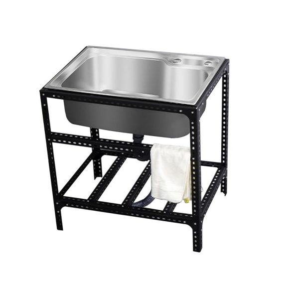 Edelstahl-Ausgussbecken Freistehendes Single-Bowl Waschbecken mit schwarzer Halterung ideal für Küche Terrasse Garage und Esszimmer - Camping Spüle mit Abflussrohr Abtropffläche inklusive
