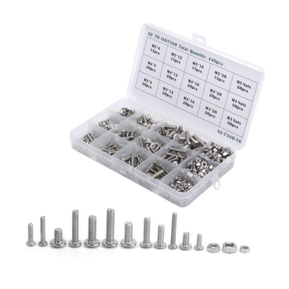 Edelstahl Zylinderschrauben Set - 440 Stück M4 Halbrundkopf-Innensechskantschrauben mit Muttern - M3/M4/M5 Schraubensortiment im praktischen Set