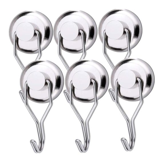 Magnetische Haken Extra Stark (45KG) - Neodym Magnethaken für Grillwerkzeug Drehbarer Magnet-Haken mit Haken für Decke Magnettafel Küche & Büro (6 Stück Silber