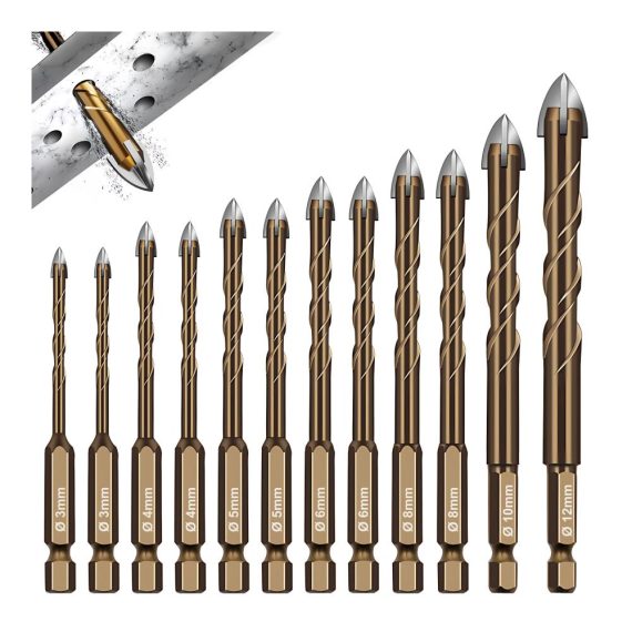 Professionelles 12-teiliges Fliesen- & Glasbohrer Set Ø 3-12 mm mit Sechskantschaft - Universalbohrer für Metall Ziegel Glas Kunststoff und Holz