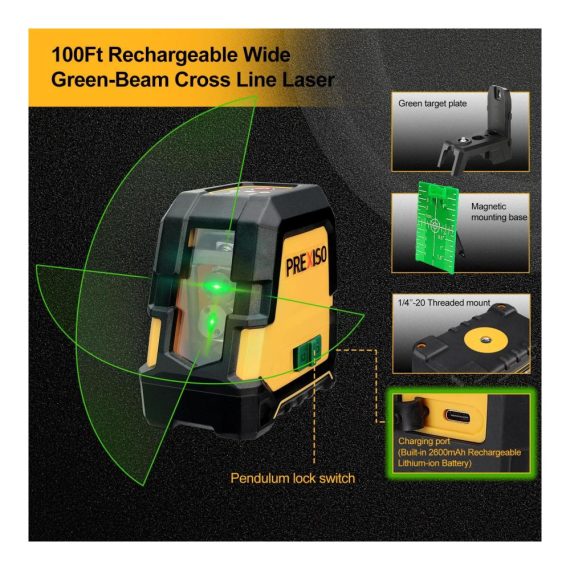 Grüner Selbstnivellierender Kreuzlinienlaser PREXISO - 30m Reichweite Duales Lasermodul Magnetische Halterung USB-Aufladung - Ideal für Bau Bodenfliesen & Hausrenovierung