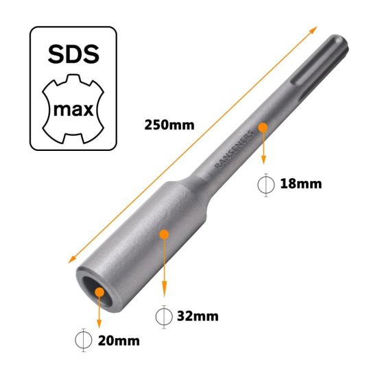 Professioneller Erdnageleintreiber SDS-Max 250 x Ø 32 mm Schaft mit SDS-Max Bohrer für Tiefenerder mit 20 mm Innen-Ø