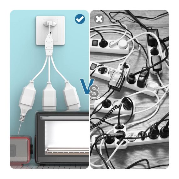 3-in-1 EU Verlängerungskabel mit Flexiblem Kabel Steckdosenadapter für Computer TV PC Phone – Euro Konverter Buchse Mehrfachsteckdose in Weiß