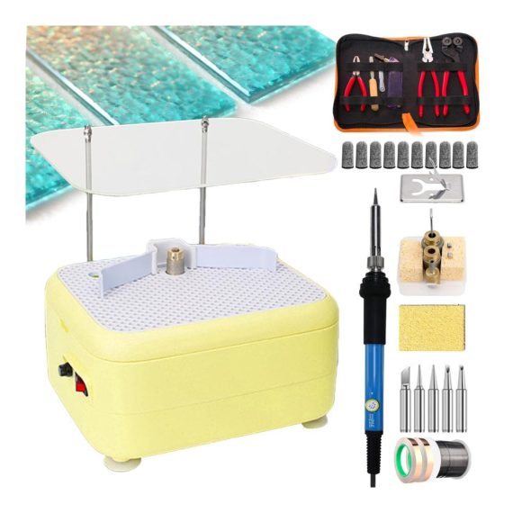 Buntglas-Set Tragbares Mini-Glasschleifer-Kit mit Schild Elektrischem Lötkolben und Glaszange - Profi-Werkzeugschnitt (Gelb