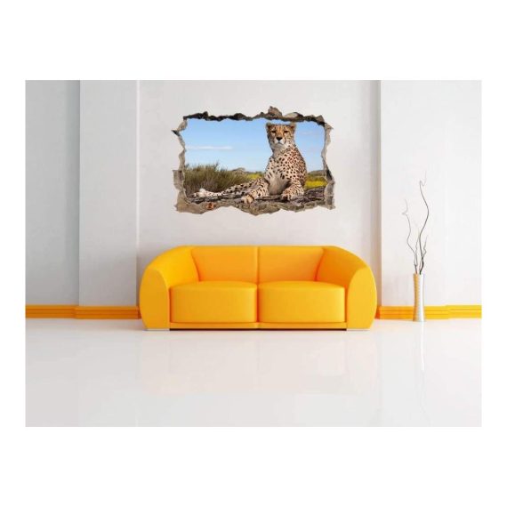 3D Effekt Tapeten Sticker Gepard Wandaufkleber für optische Täuschung im Raum | Savanne Dekoration für Wohnzimmer | 80x120cm