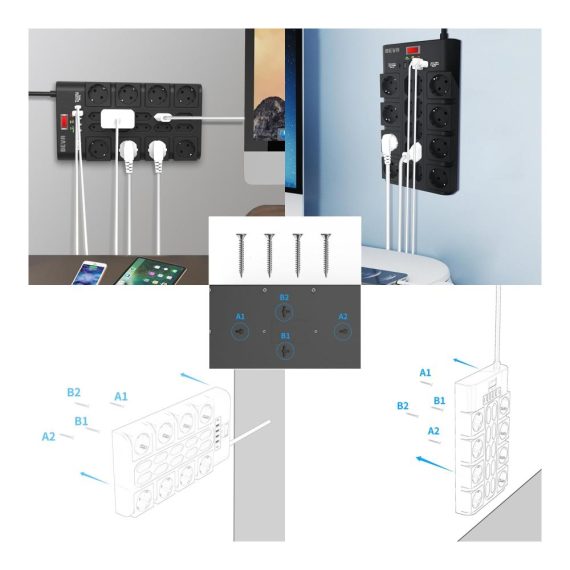 18-fach Mehrfachsteckdosenleiste mit USB-A und USB-C Überspannungsschutz Wandmontage 2m Kabel – ideal für Büro und Zuhause