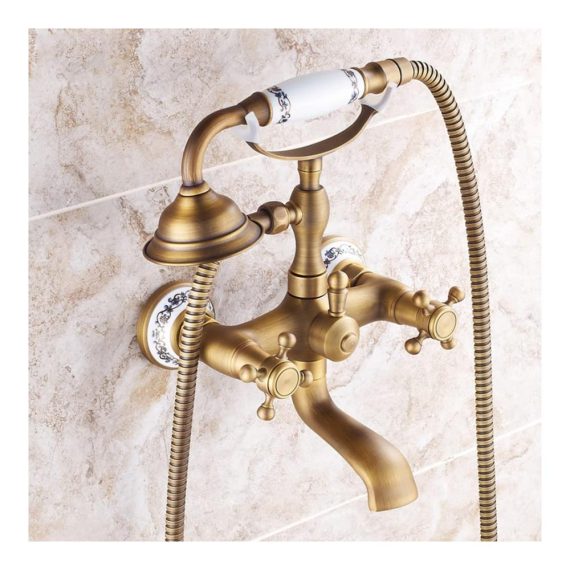 Antik Messing Wandmontage Badewannenarmatur mit Handbrause im Retro-Stil – Zwei Griffe Duscharmatur für eine stilvolle Badeerfahrung