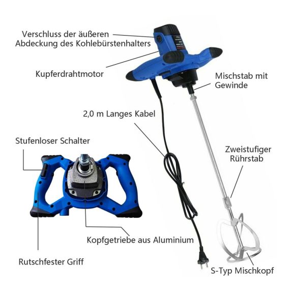 2600W Farb-Mörtelrührer mit 6-Gang-Getriebe und Ø120mm Rührquirl - Profi Rührwerk für Beton Zement und Mörtel Drehzahlregulierung M14-Gewinde - Handrührwerk für effizientes Zementmischen