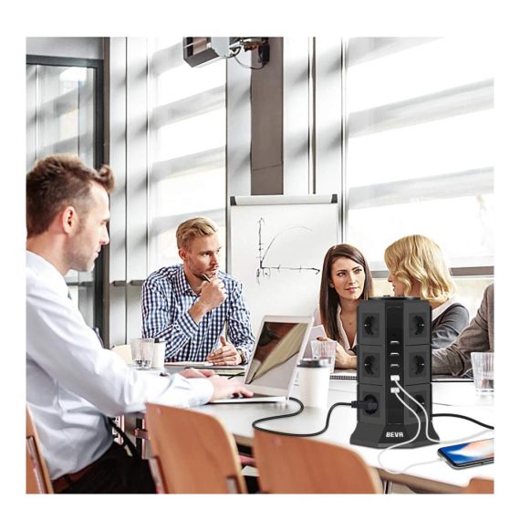 12-fach Steckdosenleiste mit 5 USB-Anschlüssen Überspannungs- und Kurzschlussschutz – Steckdosenturm mit 2 Schaltern 2m Kabel 2500W/10A – Multi Steckdosenleiste für Mehrfachstecker
