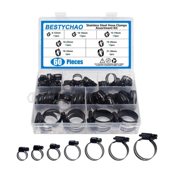 Edelstahl Rohrschellen Set mit Schneckengetriebe und einstellbarem Bereich 6-38mm (60-teilig) – Hochwertige Schlauchschellen und Schraubzwingen in Schwarz