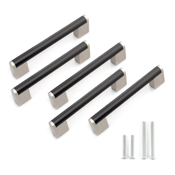 128mm Schwarz Stangengriff für Küchen- und Schranktüren – Set mit 5 Europäischen Modernen Möbelgriffen inklusive Satinierter Nickel Vierkantbasis