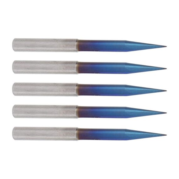 CNC-Fräser-Set 5-teilig aus Wolframstahl | V-Spitze mit Nano-Blau-Beschichtung | 2 Gerade Nuten | 4 mm Schaftfräser für präzise Gravuren und Schnitzarbeiten
