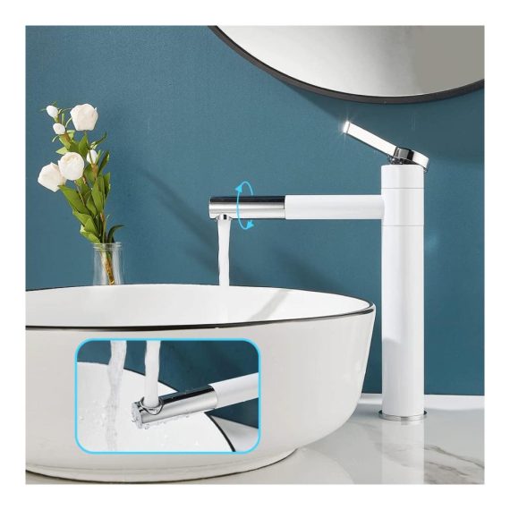 360° Drehbarer Hoch-Waschtischarmatur mit Einhebelmischer Touch-On-Funktion 50cm Flexible Schläuche Moderne Einfachheit - Weißes Messing-Wasserhahn fürs Bad