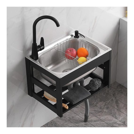 Edelstahl-Wandwaschbecken mit Wasserhähnen Seifenspender - Gewerbliches Ausgussbecken (48x35x31cm