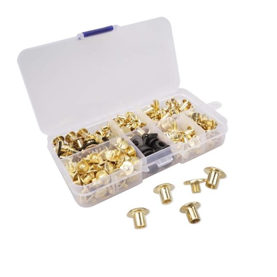 Set aus 120 Messing Chicago Schrauben - Verbindungsschrauben für Lederhandwerk Gürtel Brieftaschen und Buchbinderei - 4 Größen Nagelnieten Schraubenpfosten mit Chicago Knöpfen für metallische Dekoration