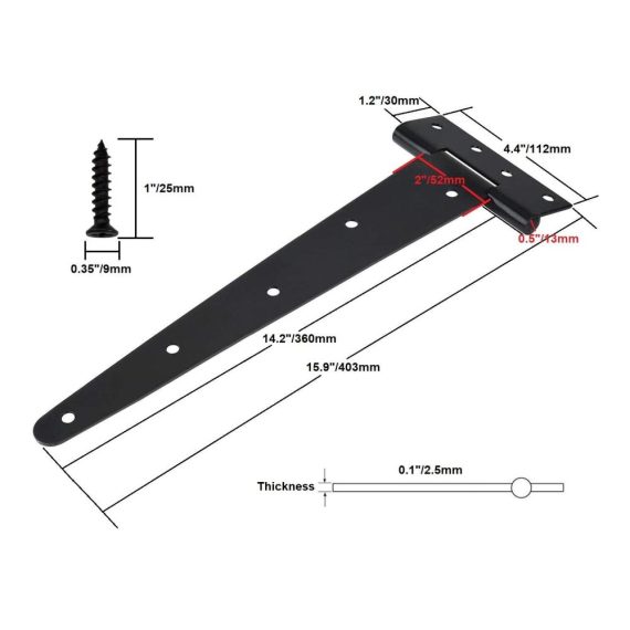 3er Set Schwarze T-Scharniere 360 mm für Holztüren - Robuste Türangeln mit Passenden Schrauben