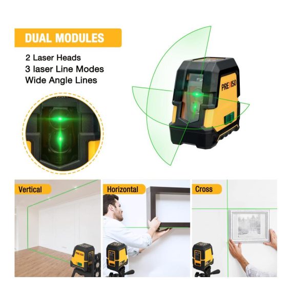 Grüner Selbstnivellierender Kreuzlinienlaser PREXISO - 30m Reichweite Duales Lasermodul Magnetische Halterung USB-Aufladung - Ideal für Bau Bodenfliesen & Hausrenovierung