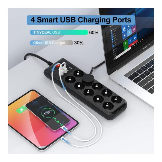 10-Fach Steckdosenleiste mit USB Überspannungsschutz Wandmontage Kindersicherung - 4000W 16A 4 USB-Anschlüsse 2M Kabel Steckerleiste für Zuhause und Büro