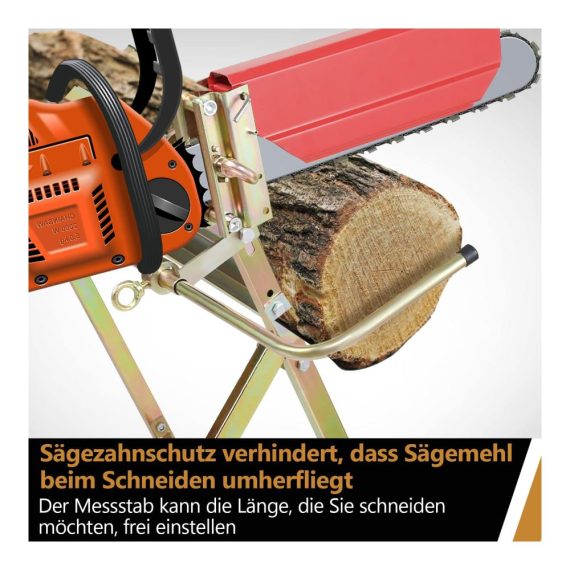 Sägebock mit Kettensägenhalterung und Kettenschutz - Klappbarer Sägeständer für Sägewerke und Werkstätten Messstab bis 150 kg 81x72x78.5 cm