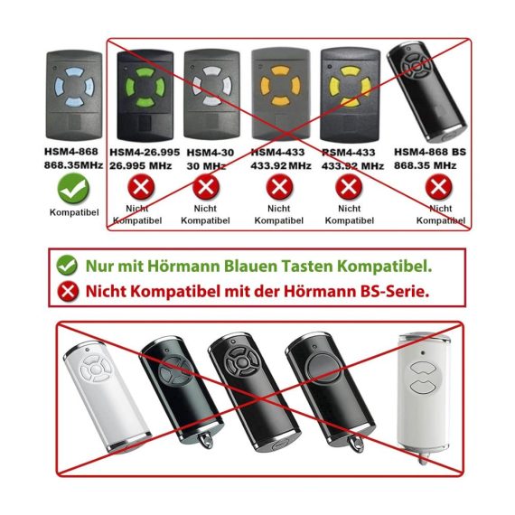Garagentor-Zubehör 868 MHz - 2er Set Kompatible Handsender für Hörmann HSM4 HSE2 HS1 HS4 HSZ1 HSZ2 - Fernbedienung mit 3 MHz Garagentoröffner