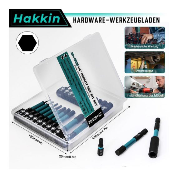 20-teiliges Hex Schlagschrauber Bits Set extra lang (25-60mm) - für Akkuschrauber Magnetische Bithalter Sechskant Impact Schraubendreher Sortiment 1/4 Zoll S2 Bitsatz - ideal für professionelle und Heimwerkerarbeiten