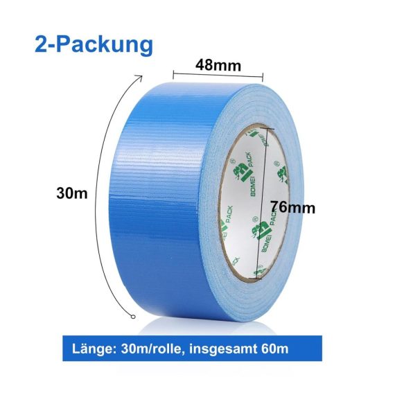 Panzertape BOMEI PACK - 2 Rollen Blaues Panzerband 50mmx30m - Wasserdichtes Klebeband für Reparaturen und Heimwerken - Gaffer-Klebeband mit hoher Klebkraft