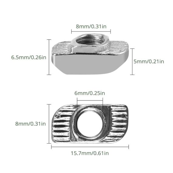 T-Nut-Muttern 100 Stück - Nutensteine Nut 8 M6 Set | Hammermutter für Aluminiumprofil | Vernickelter Kohlenstoffstahl | T Nutenstein Fastener für Extrusionsschlitz Systemprofil EU-3030 Serie