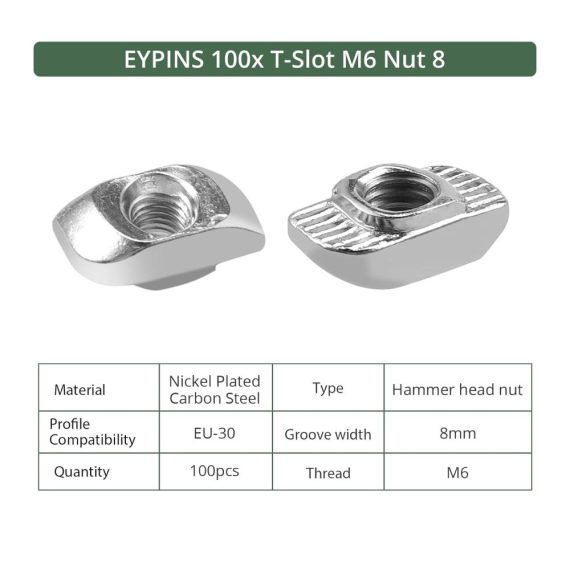 T-Nut-Muttern 100 Stück - Nutensteine Nut 8 M6 Set | Hammermutter für Aluminiumprofil | Vernickelter Kohlenstoffstahl | T Nutenstein Fastener für Extrusionsschlitz Systemprofil EU-3030 Serie