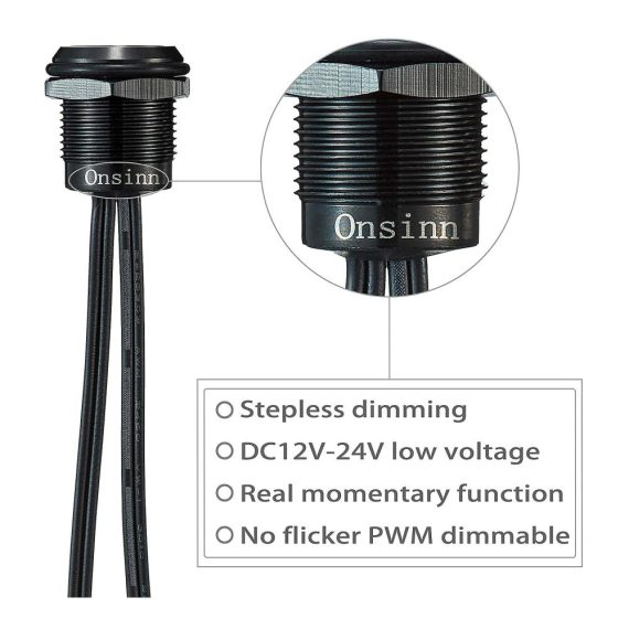 Dimmschalter Onsinn 12V - Stufenloser Dimmer mit Speicherfunktion und blauer LED-Anzeige für 19 mm Montageloch (1er Pack Schwarz) - Ideal für DC12V/24V Anwendungen